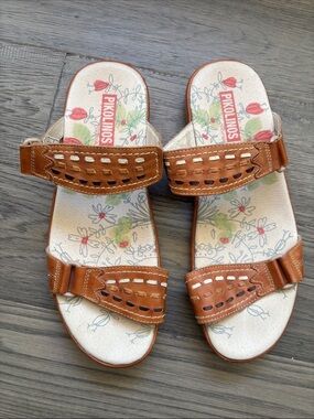 PIKOLINOS | Brown Leather Brandy Double Strap Sandals Comfort Slide Size 41